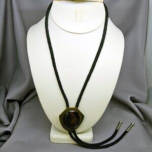 Western Style Bolo, Black Cord, Gemstone in Stainless Bezel
